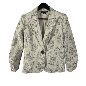 Credibility by Sher Drobnick Floral Textured Blazer Ruched Sleeves Women 8 Cream